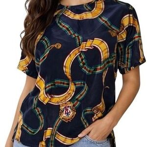 Vtg Linda Allard Ellen Tracy Silk Blouse 8P Scarf Print Equestrian Baroque‎ 90s